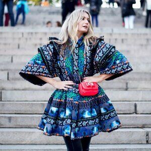 Kenzo x H&M Frill Wide Patterned Folk Dress Blue Green Size S